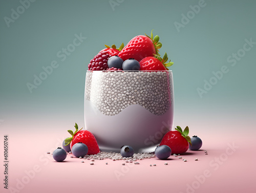 Glass of chia pudding topped with strawberries, blueberries and raspberries on colored background. Chia dessert made of youghurt, chia seeds and fresh berries. Heatlhy breakfast concept. Generative AI