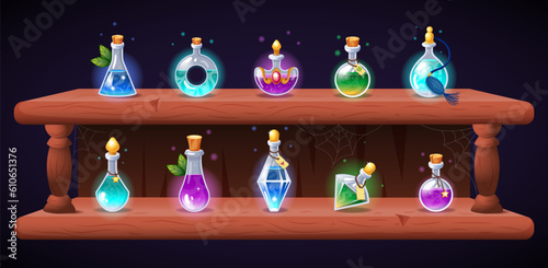 Magic potion shelf for alchemist game. Decorative apothecary poisons. Elixir glass bottles for RPG or witch poster. Wooden rack with fairy balm phials. Vector tidy design illustration