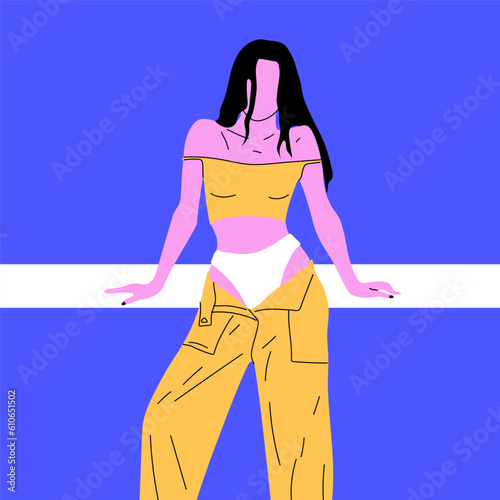 Beautiful young woman in trendy clothes. Hand drawn vector illustration. Elegant art