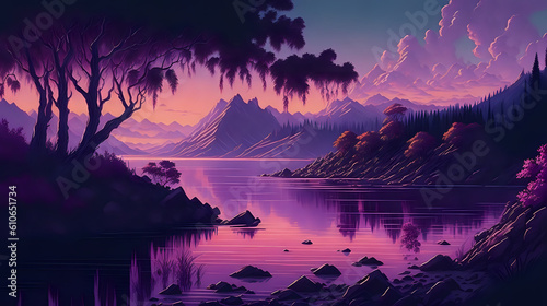 Serenity at Sunset: Captivating Mountain Landscape Illuminated by Golden Glow - Detailed Illustration of Tranquil Lake, Majestic Peaks, and Nature's Symphony.AI GENERATE 