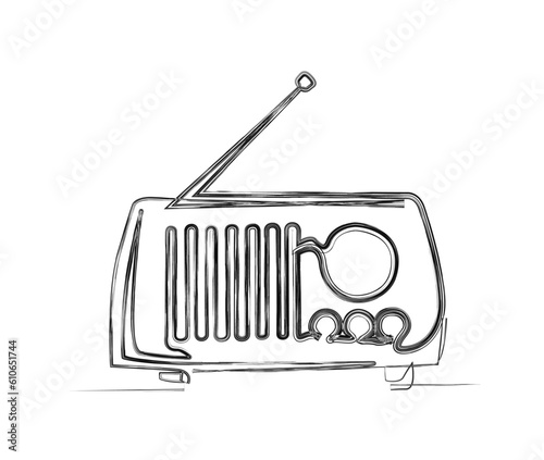 Continuous one line drawing of vintage broadcast radio receiver. Simple Retro radio line art vector illustration. 