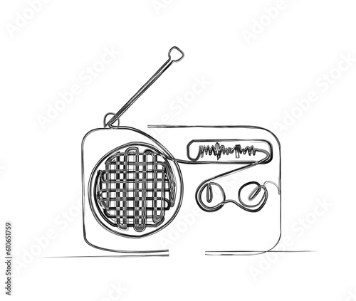 Continuous one line drawing of vintage broadcast radio receiver. Simple Retro radio line art vector illustration. 