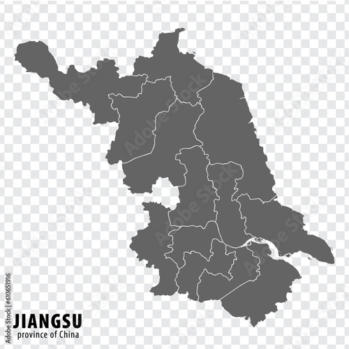 Blank map Province Jiangsu of China. High quality map Jiangsu with municipalities on transparent background for your web site design, logo, app, UI. People's Republic of China. EPS10.