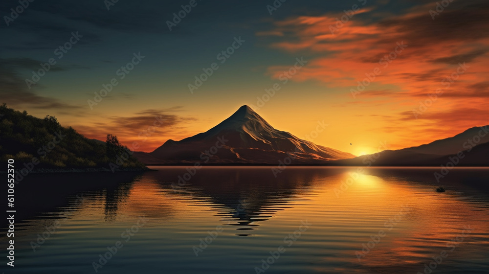 A sunset over a mountain with a calm lake in front using Generative AI