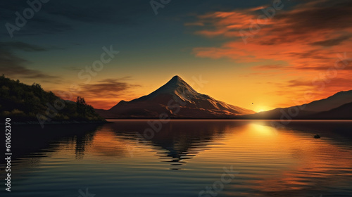 A sunset over a mountain with a calm lake in front using Generative AI