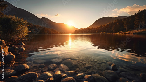 A sunset over a mountain with a calm lake in front using Generative AI