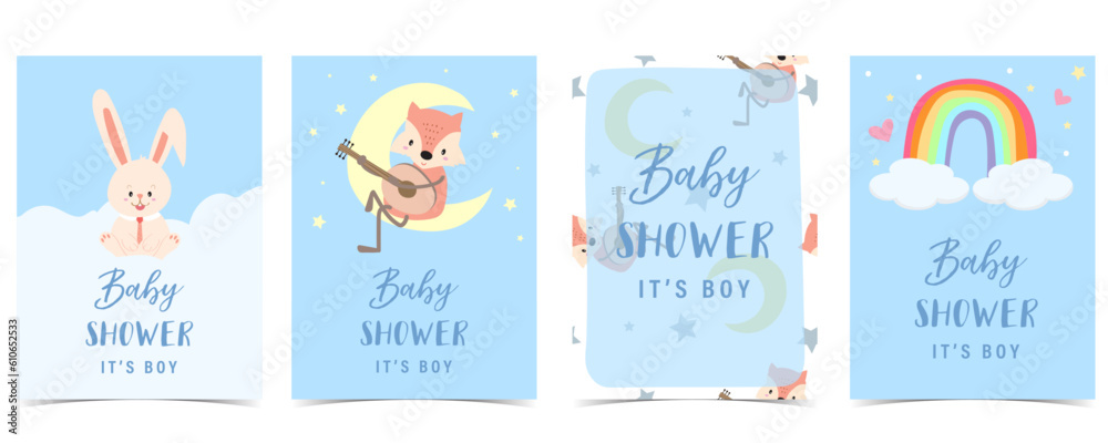 Baby shower invitation card for boy with rabbit, fox, rainbow, cloud