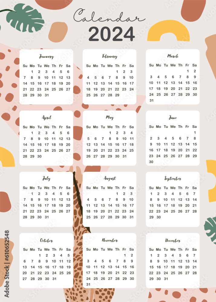 2024 table calendar week start on Sunday with boho that use for vertical  digital and printable A4 A5 size Stock Vector