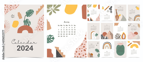 2024 table calendar week start on Sunday with boho that use for vertical digital and printable A4 A5 size