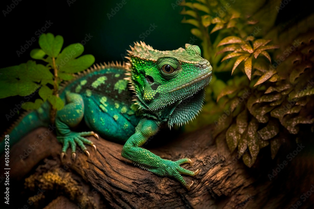 Green lizard dragon on stone, ai generative.