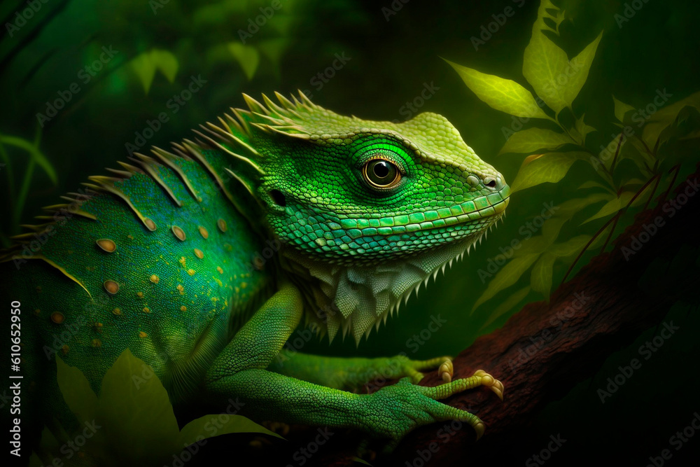 Fototapeta premium Green lizard dragon on stone, ai generative.