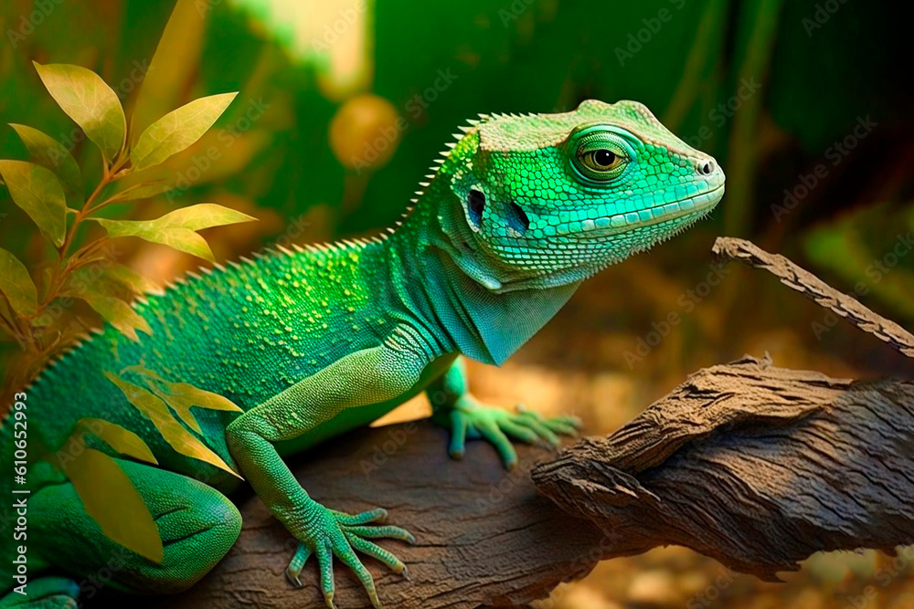 Obraz premium Green lizard dragon on stone, ai generative.