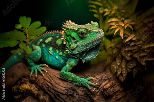 Green lizard dragon on stone  ai generative.