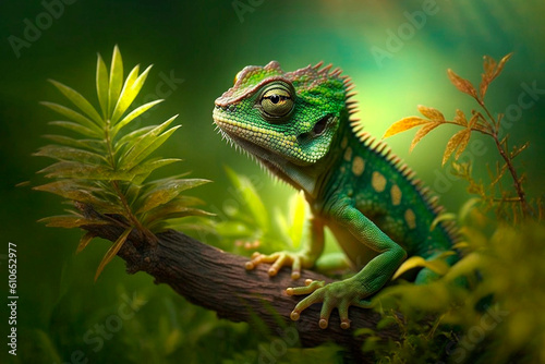 Green lizard dragon on stone, ai generative.