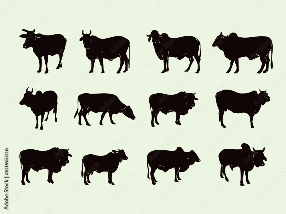 Set of cow silhouette vector collection