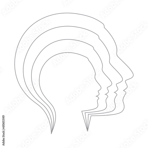 Vector image of black line of overlapping heads of women at different stages of age in profile. Isolated on white background.