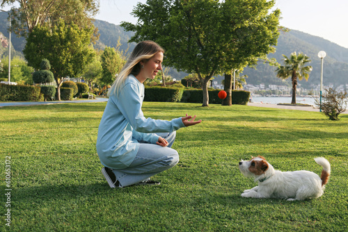 Bilde på lerret Young woman playing fetch with her wire haired jack russell terrier pup