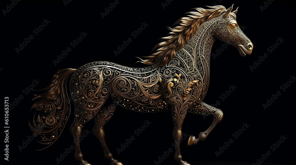  Gold horse on a black background. Generative AI