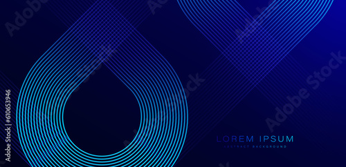 Abstract shiny geometric lines on blue background. Glowing blue diagonal rounded lines pattern. Modern banner template design with space for your text. Vector illustration