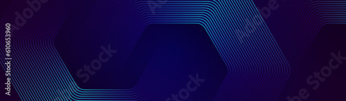 Abstract glowing hexagon lines on dark blue background. Modern shiny blue geometric lines pattern. Futuristic technology concept. Suit for cover, poster, presentation, banner, brochure, website, flyer