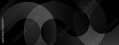 Black abstract background. Luxury dark and grey gradient geometric shape graphic elements. Modern diagonal rounded lines pattern. Suit for cover, poster, banner, brochure, wallpaper, website, flyer