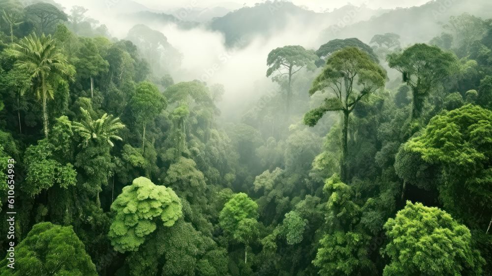 Panoramic view of green tropical forest with fog in the morning. AI generative Panoramic view of green tropical forest with fog in the morning. AI generative