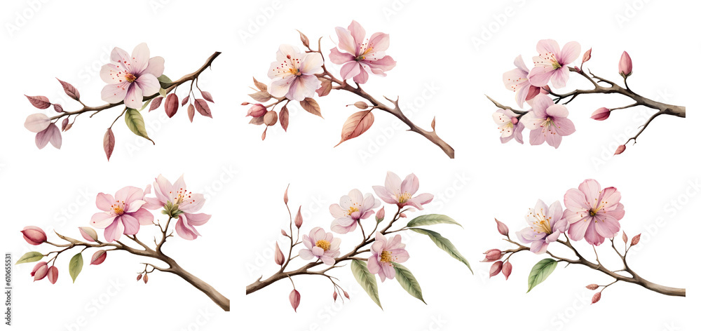 Watercolor almond blossom. Generative Ai