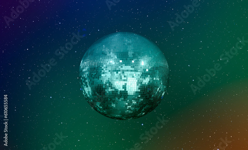 Party disco mirror ball reflecting green lights with many stars 