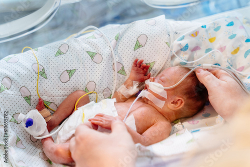 Close up of mother's hands holding new born baby born at 32 weeks gestation in intensive care unit in a medical incubator. photo