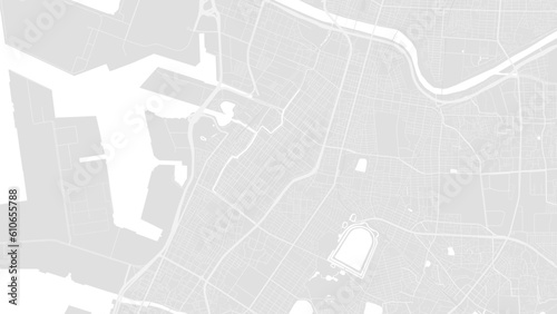 Background Sakai map, Japan, white and light grey city poster. Vector map with roads and water. Widescreen proportion, flat design roadmap.