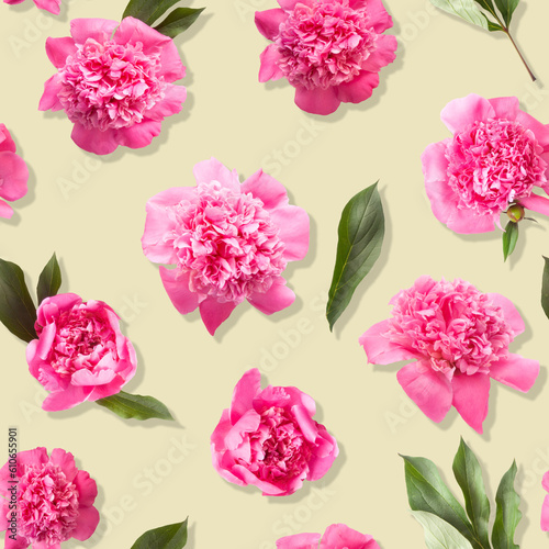 Seamless pattern of pink peony flowers on light beige background © justesfir