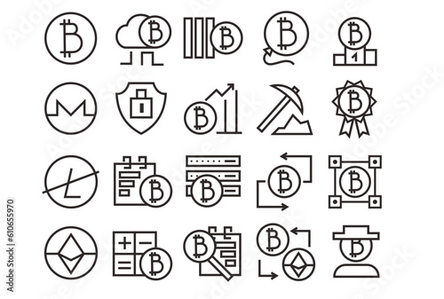 Blockchain and cryptocurrency line icons. Bitcoin mining, calculator, encryption, dollar, wallet cryptocurrency growth. Vector illustration