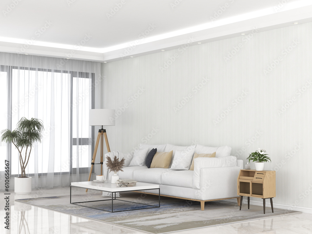 Fototapeta premium Interior living room with sofa and decorations. Scandinavian design. 3D render