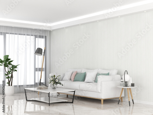 Interior living room with sofa and decorations. Scandinavian design. 3D render