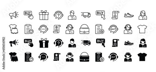 Shopping line and flat icons set. Online shopping, e-commerce, promotion, gift, buy, delivery, clothes, bag accesories, assistance, support icon collection for apps and websites. Vector illustration