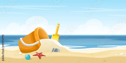 Plastic sand bucket with shovel and children toys on sand beach, Vector illustration.