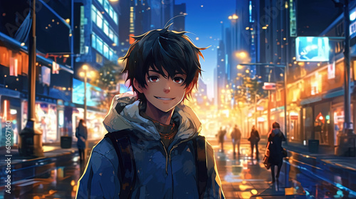 Anime character boy with cityscape background