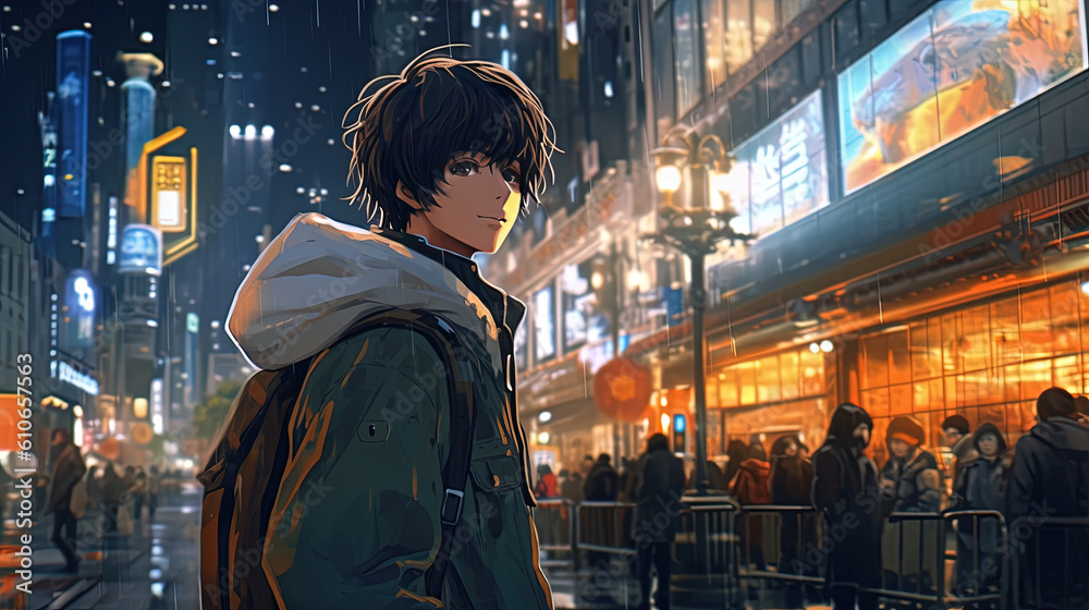 Fototapeta premium Anime character boy with cityscape background