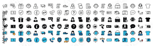 Shopping line and flat icons set. Online shopping, e-commerce icon collection. Shop, buy, delivery, cart, discount, online, button, new, protection, support, wistlist and other. Vector illustration