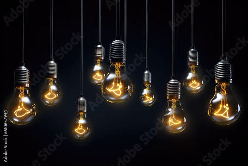 Many switched on electric light bulbs on a dark background.