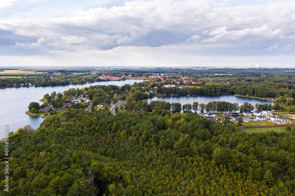 Blick auf Muellrose und die zwei Seen, Luftaufnahme, Schlaubetal, Müllrose, Oder Spree, Brandenburg, Deutschland, Europa
