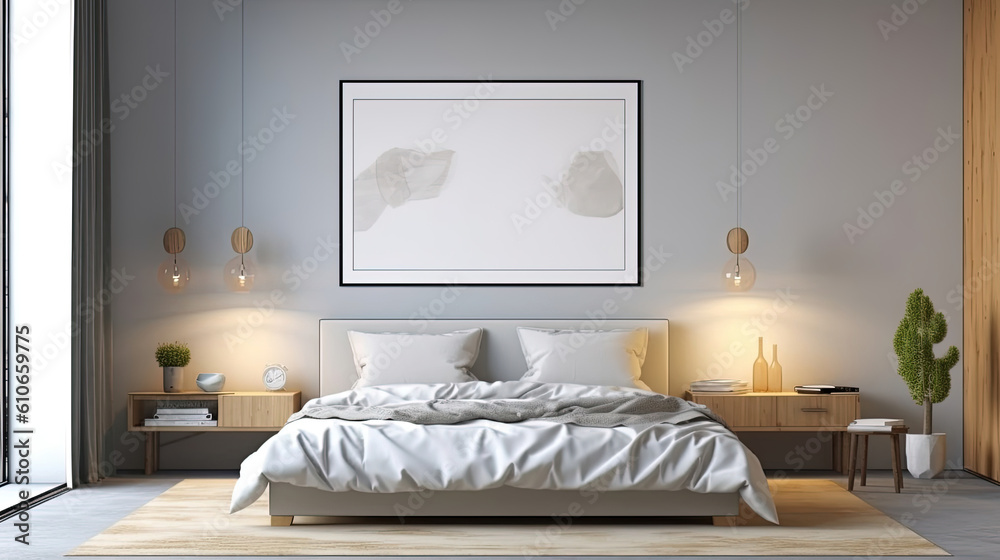 Beautiful interior bedroom with an empty frame for mock up Beautiful interior bedroom with an empty frame for mock up