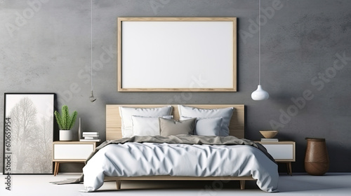 Beautiful interior bedroom with an empty frame for mock up