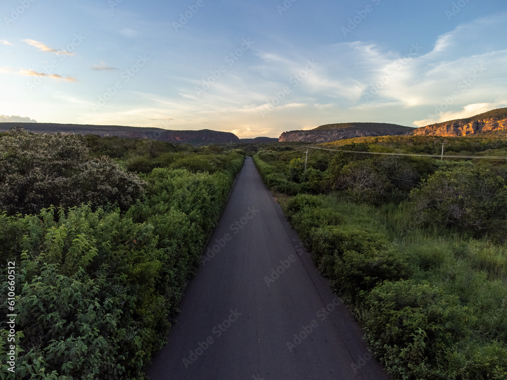 Small highway in the Brazilian savannah in a beautiful autumn sunset