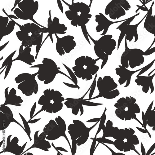 Floral pattern. Black and white seamless pattern with flowers silhouettes. Vector floral print