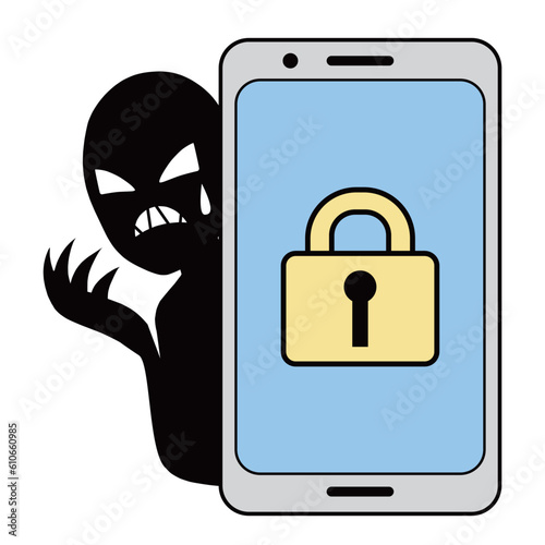 セキュリティに守られるスマホと悪人イメージの人物のイラストの素材