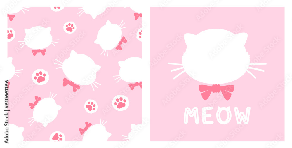 Seamless pattern of cat kitten with paw prints and bow tie on pink background. Cat face cartoon and hand written font vector illustration. Cute childish print.