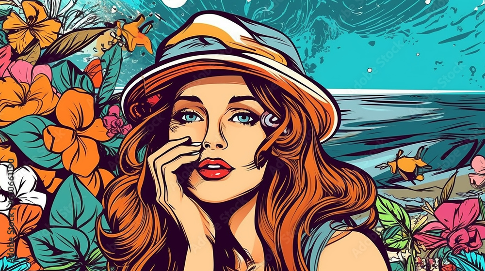 Pop Art jovem sonhando com férias tropicais. ilustração de estilo cômico