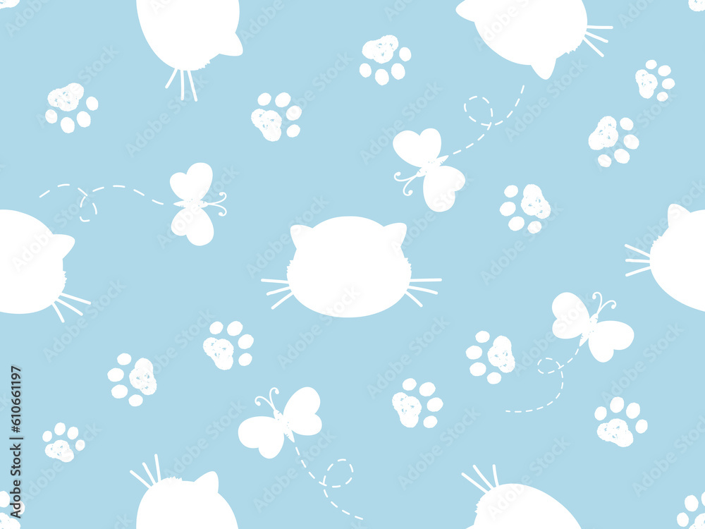 Seamless pattern with cat kitten, paw prints and butterfly cartoons on blue background vector illustration. Seamless pattern with cat kitten, paw prints and butterfly cartoons on blue background vector illustration.