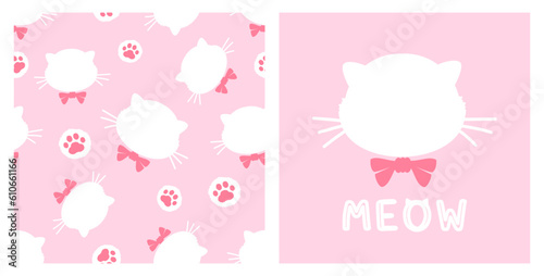Seamless pattern of cat kitten with paw prints and bow tie on pink background. Cat face cartoon and hand written font vector illustration. Cute childish print.